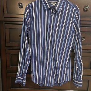 Express Blue and White Casual Button Down Shirt with Stripes